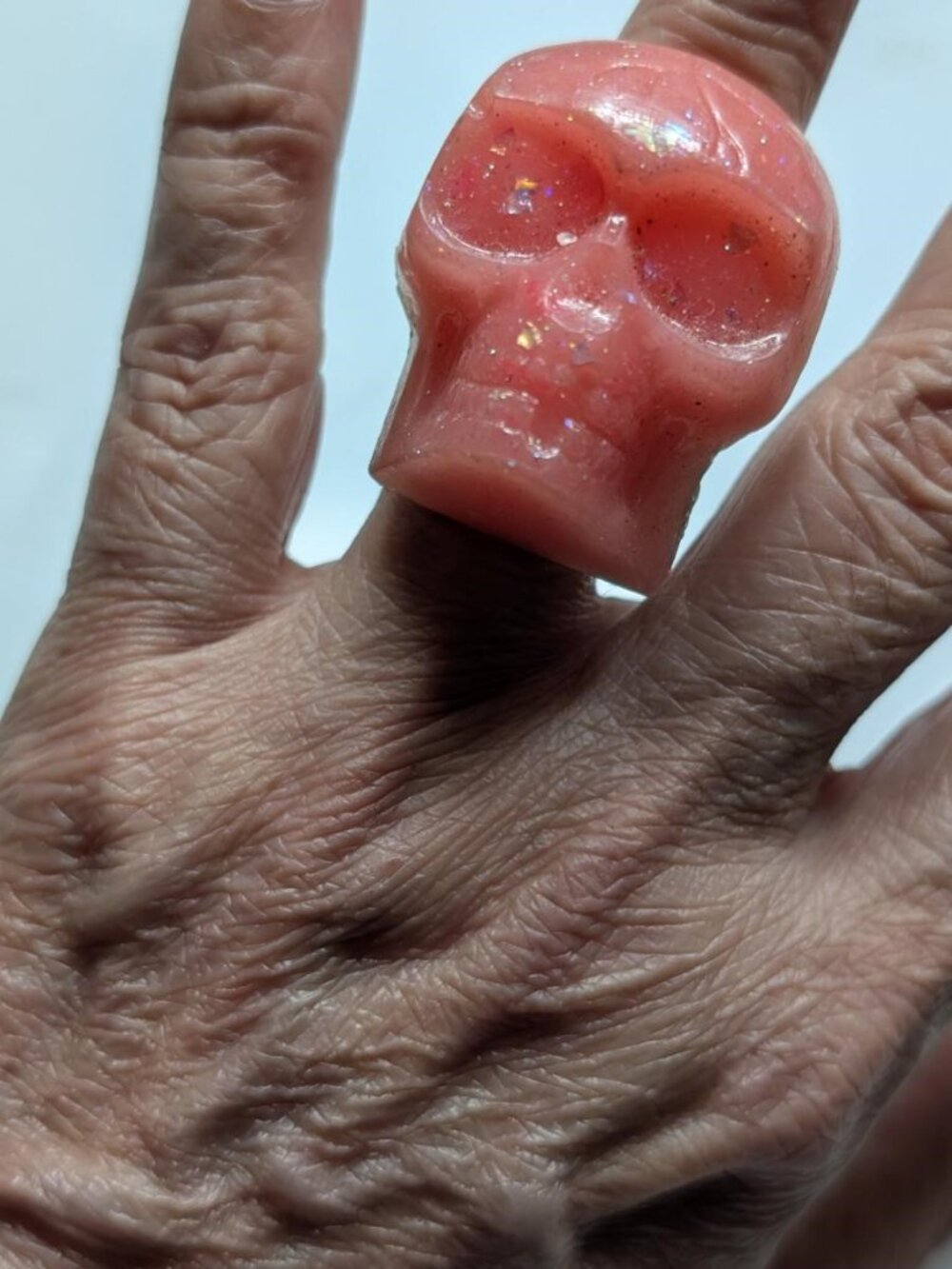 Large Vintage Halloween Pink Carved Resin Skull Stretch Ring (Ship the Same Day)